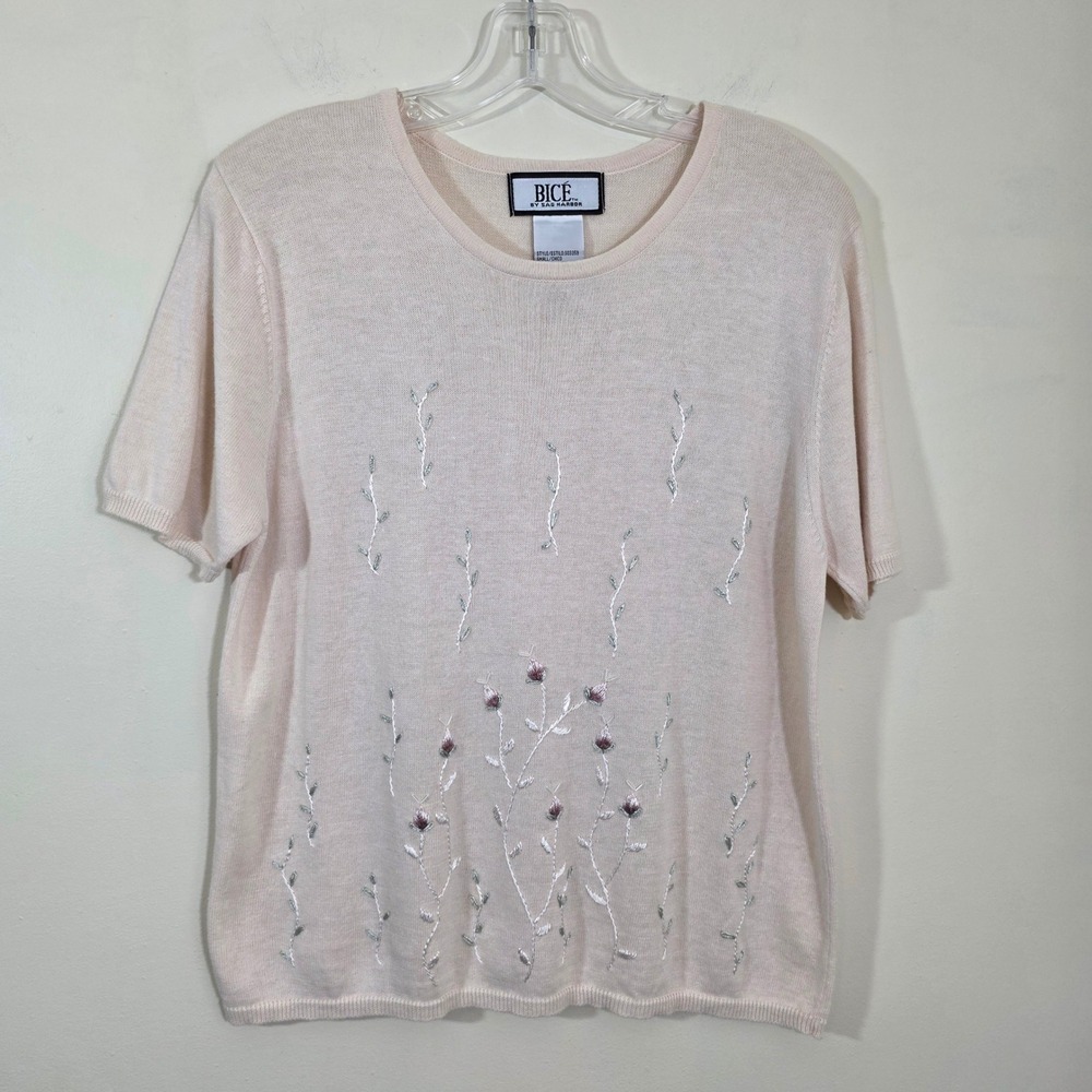 Bice Women Sweater Top Embroidered Floral Beaded Ramie Cotton Pink Small Vintage
